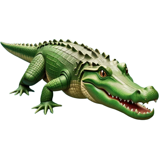 cinematic-crocodile-realistic-full-body-on all fours-emoji,-massive-scaled-body-partially-submerged-in-shallow-water,-head-tilted-dramatically,-rough-green-and-brown-hide-textured-with-deep-ridges,-simplified-yet-realistic-focused-features, head held high emoji