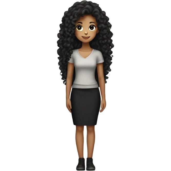 Tan girl with black long curly hair black pencil skirt full body emoji