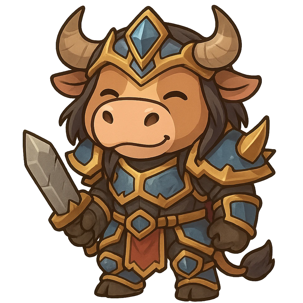 cow character inspired by World of Warcraft, in fantasy armor, stylized as a chibi sticker emoji