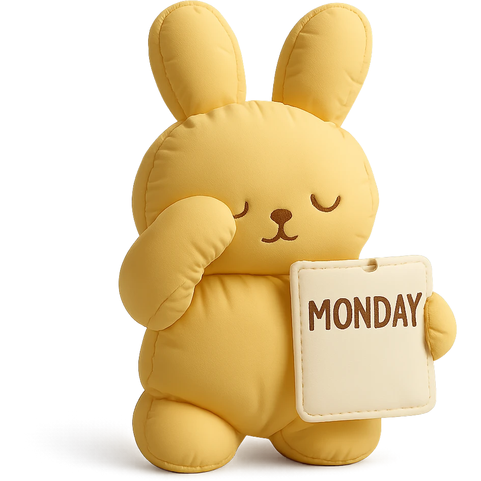 yellow bunny holding Monday memo while rubbing eyes, cushion style, soft and plush appearance emoji