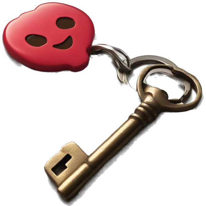 Old key attached to red float key ring emoji