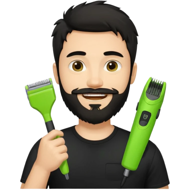 young fair-skinned man with messy black hair and beard, smiling, black t-shirt, holding one small true-to-size lime green face beard trimmer in one hand, iOS emoji style emoji