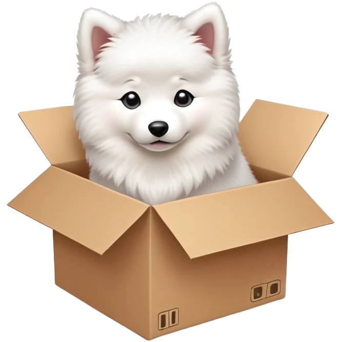 A very cute young Samoye  with one's head tilted to one side poked its paws out of the cardboard big box and placed them on top of it emoji