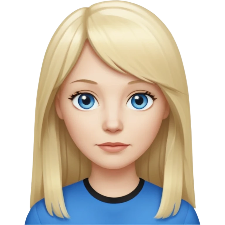 40 yr old white woman, pale skin, long straight blond hair parted in center, blue eyes, bangs emoji