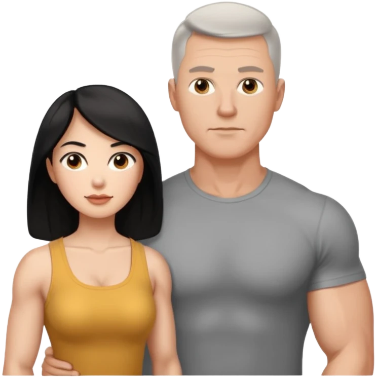 white dad with short buzzed fade brunette, 35 years old and muscular. standing net to asian whife with long black hair and big brown eyes.   emoji