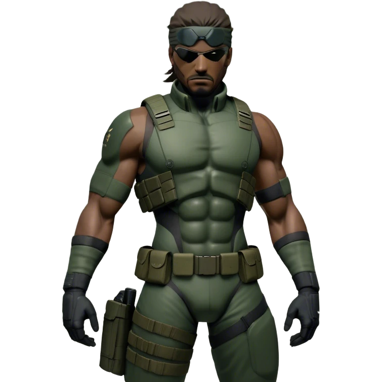 Cinematic Realistic Metal Gear Solid Snake Soldier Portrait, captured in a dynamic, battle-ready stance, muscles defined beneath intricately detailed combat gear in consistent muted greens, browns, and blacks. His determined eyes and rugged features, rendered with dramatic natural lighting and high shine, exude raw, unyielding power, epitomizing the fierce, relentless spirit of a covert operative in the midst of action. emoji