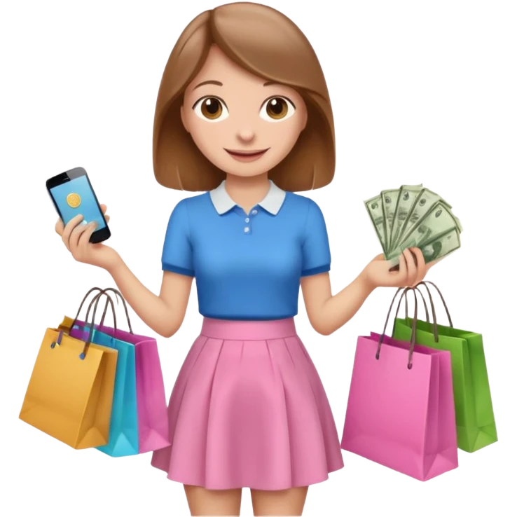 Девушка со светлыми русыми волосами счастливая в розовой юбке с пакетами из магазинов с одеждой в руках и деньгами  emoji