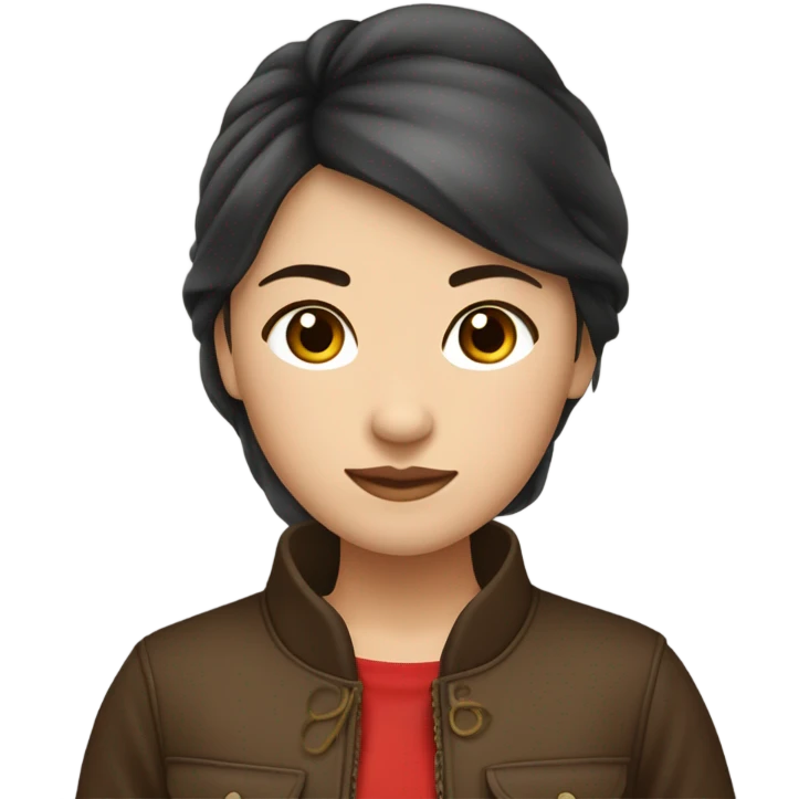 una chica china pelo marrón muy oscuro con una chaqueta roja, la china tiene una nariz pequeña y un labio con labio leporino  emoji