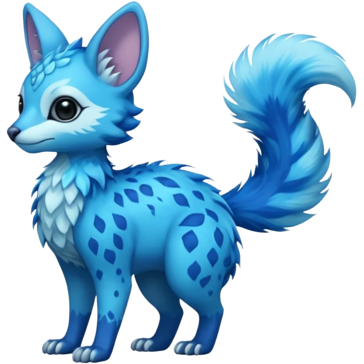 Feral Rare Fantasy shiny soft fuzzy furry vibrant tropical cobalt-blue and cyan Vernid-Trico-species-creature by LiLaiRa, random markings, tufted tail, tufted ears, full body emoji