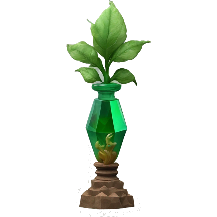 symbolic dirt humus in a bottle sculpture symbolizing Capricorn with a geometric, faceted design. The bottle is standing upright with angular and baroque features. The vibrant deep green plants colors highlights the sharp edges and planes.  emoji