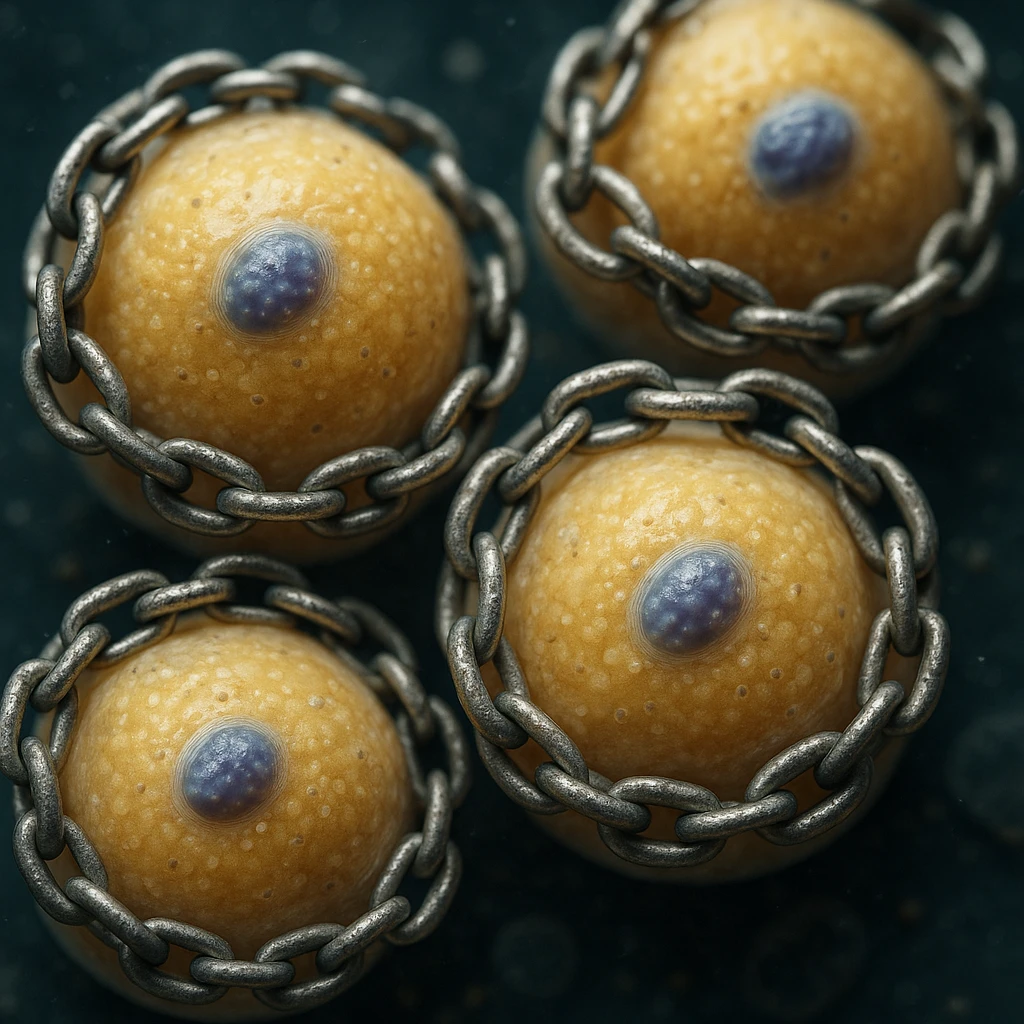 hyper realistic 4K adipocytes with visible nuclei wrapped in chains, microscopic details, scientific atmosphere emoji