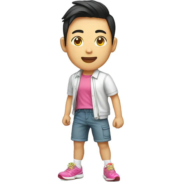 teen asian with short pants, white shirt print with sarcasm, colorful running shoe emoji