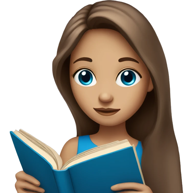 A girl with blue eyes, long brown hair and fair skin reading book emoji