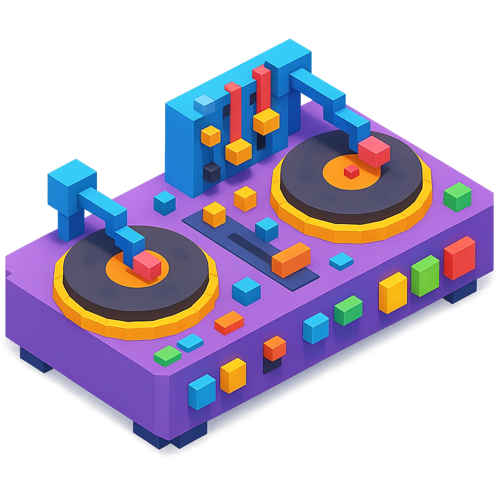 detailed DJ equipment close-up with turntables, mixer, and glowing buttons emoji