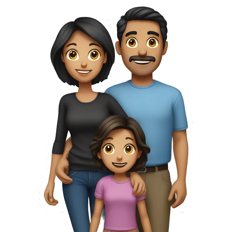 A dark haired family of 5, mom and dad, 2 young daughter and teenage a son.  emoji
