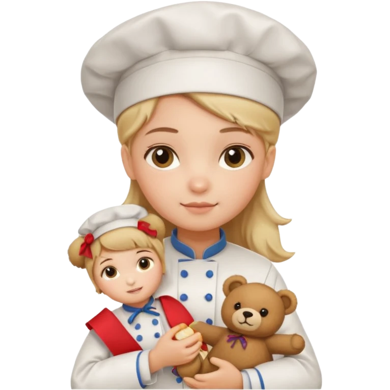 girl kid italian chef, uniform, holding plush bear emoji