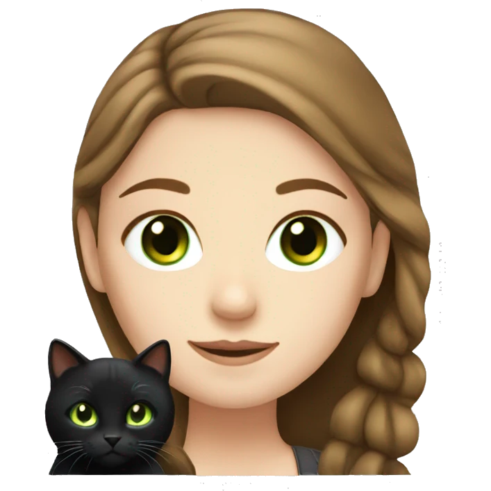 a pretty white girl with brown hair and a black cat with green eyes emoji