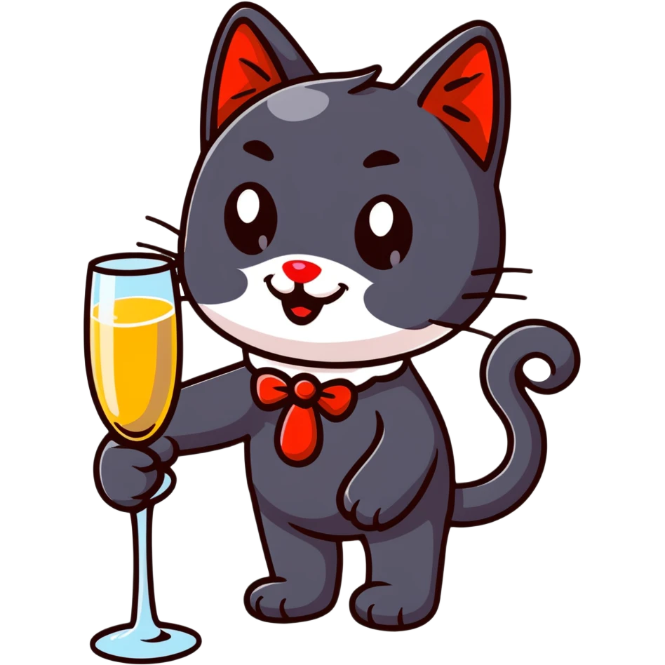 black cat with a red clown nose and a glass of champagne in its paw, playful and festive emoji