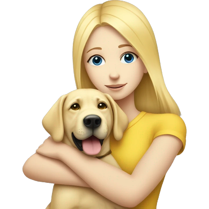 Blonde girl with blue eyes hugging a yellow lab emoji