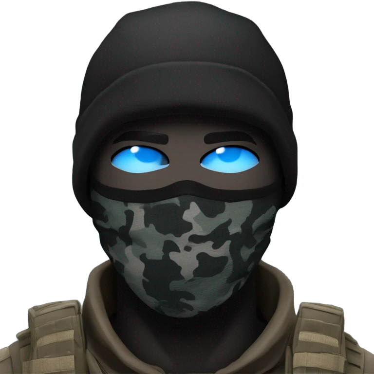 male, pale skin, call of duty black face mask, camo tactical gear, combat boots, black beanie, blue eyes emoji