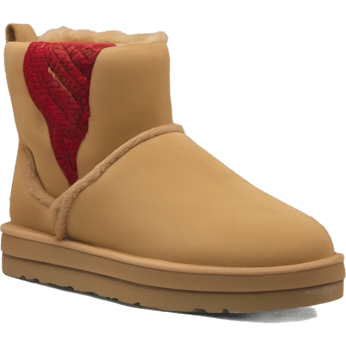 Camel colored thick platform slip-on UGG slippers. has a thin red woven zig-zag trim detail on the cuff emoji