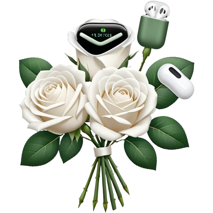 White rpse boquet and an airpods emoji
