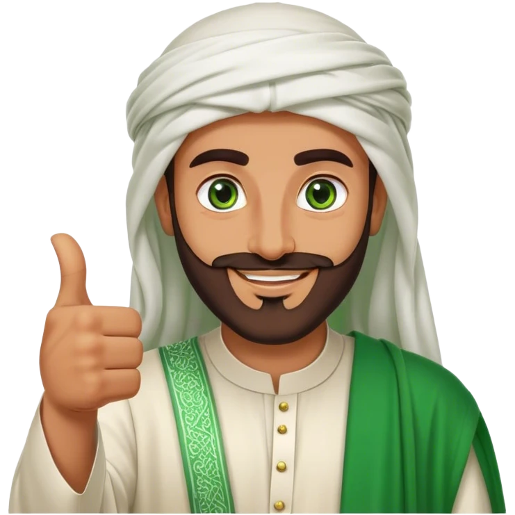 Tanned Arab Saudi man with green eyes and a beard, wearing traditional attire, smiling and giving a big thumbs-up emoji