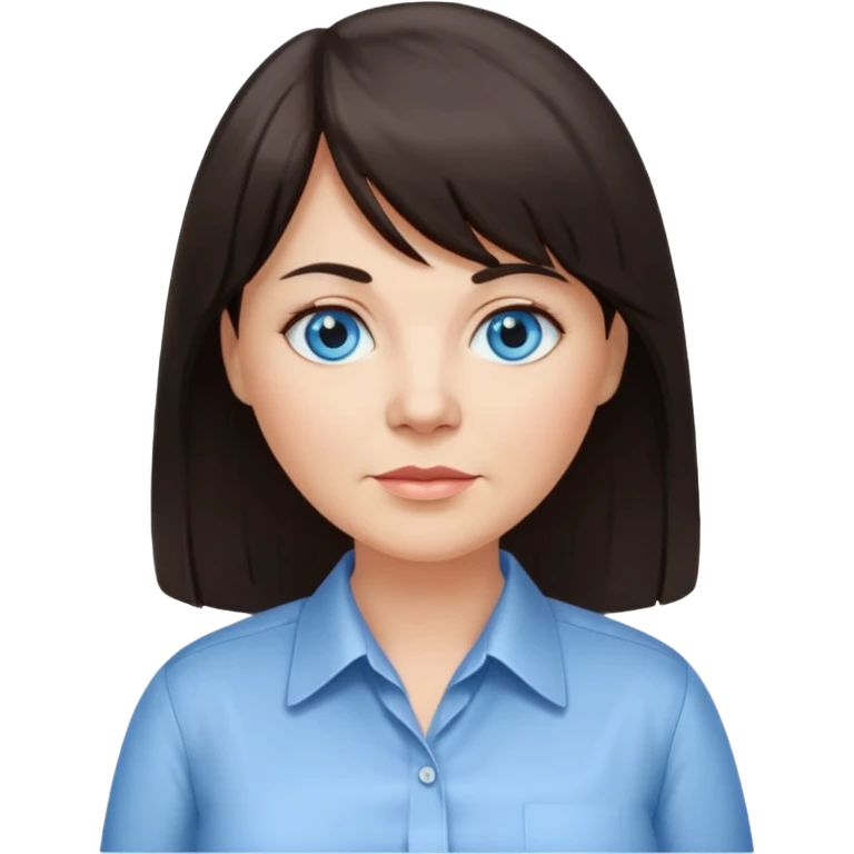 50 yr old woman, blue eyes, long straight dark brown hair, business shirt, chubby, bangs emoji