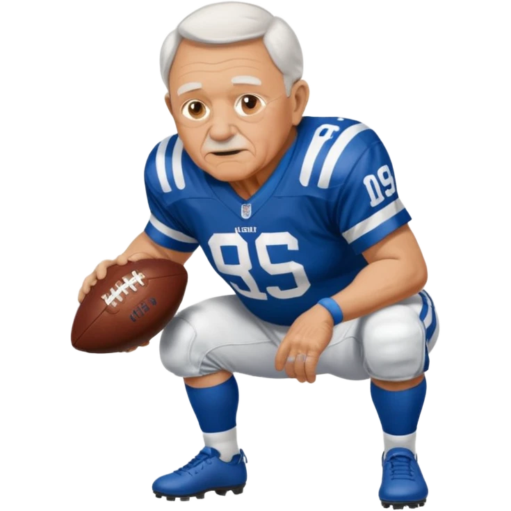 A grandpa playing football wearing an Indianapolis Colts jersey is. Show him kind of crouch down to the ground, holding the football and show the name rivers on the back of his jersey. emoji