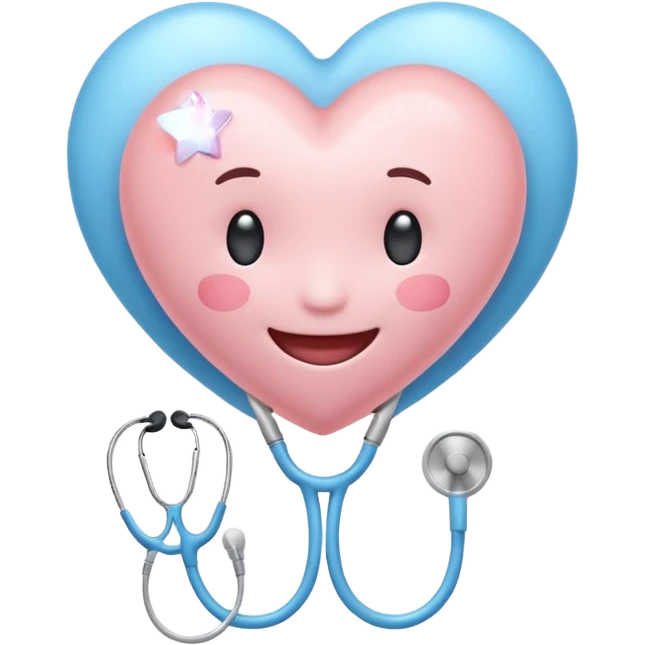Cute pastel emoji of a smiling heart wearing a stethoscope like a hug, tiny brain inside, little sparkle star, soft glow, rounded edges, cozy and aesthetic. emoji