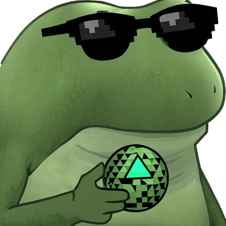 bufo with triangle shaped 8 bit sunglasses full black, confident smile, with a mini black powerful orb in his hand emoji