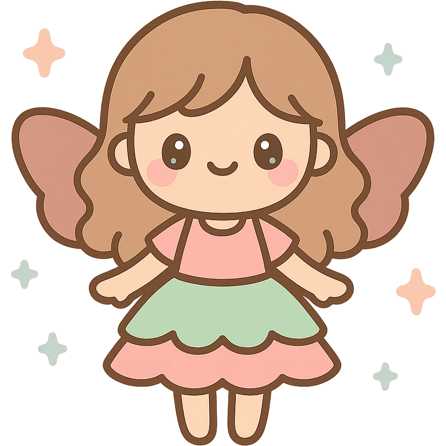 fairycore girl with layered green and pink skirt, brown and pink wings, light brown wavy hair, surrounded by sparkles emoji