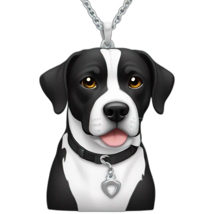 Un staffi noir avec un trait blanc sur la tête avec des tache de brunger sur c'est patte arrière avec un collier ver se nomment ugette emoji