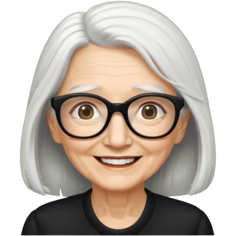 femme ridée avec de long cheveux blanc et des lunettes rectangles noir sourrir emoji