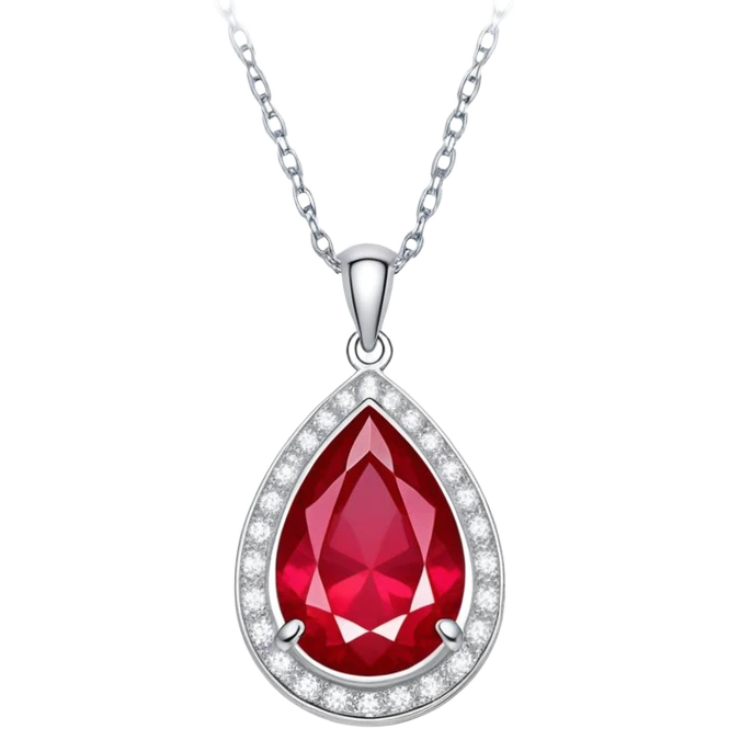 teardrop ruby pendant with silver chain and white stones, radiating luminous aura emoji