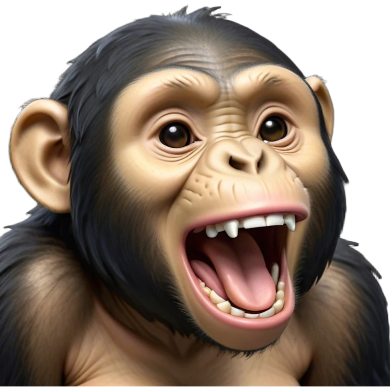 Cinematic Cute Yawning Chimpanzee Portrait Emoji, Head tilted slightly with a dramatic, wide-open yawn, showcasing a gently textured face with half-closed, drowsy eyes and an open, relaxed expression, Simplified yet irresistibly adorable features, highly detailed, glowing with a soft, cozy glow, high shine, relaxed yet expressive, stylized with a dash of whimsical primate charm, soft glowing outline, capturing the essence of a drowsy yet affectionate guardian that seems ready to stretch out for a nap! emoji
