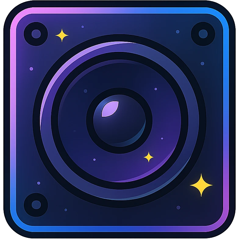 volume icon, modern clean speaker with neon border and glowing effect, dark purples blues blacks base, nebula gradients, small bright stars, specular highlights, luminous look emoji