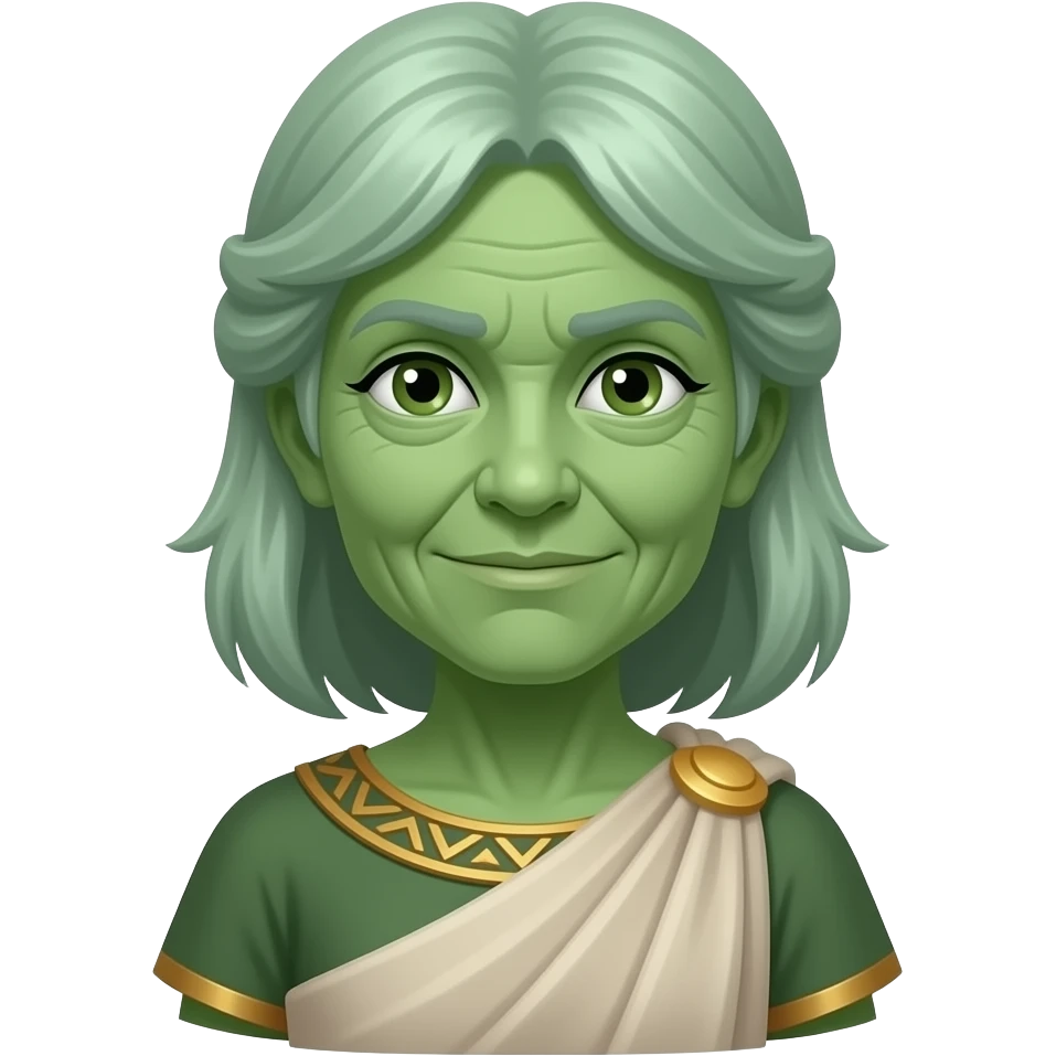 a Avatar green skin and hair old women wearing ancient cloth, half body, icon emoji