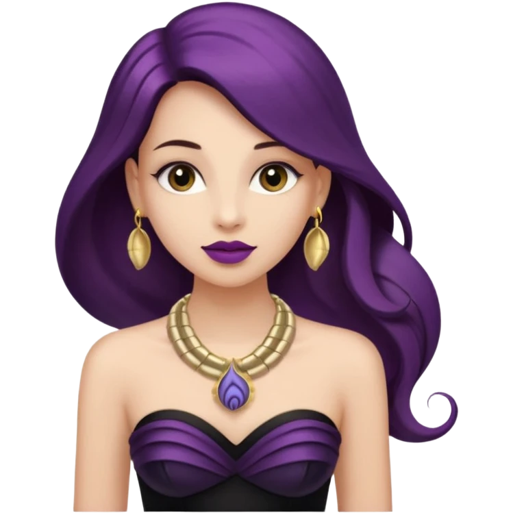 This person headshot view, wearing a strapless black dress, having long brown hair, dark pinkish purple lips, and wearing a small nautilis gold shell necklace around her neck emoji