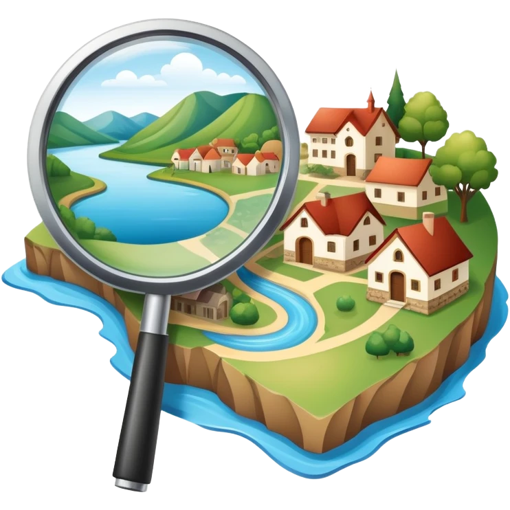 An icon featuring a magnifying glass over a local map, with a small village, traditional house, and natural landmarks like a river and hill, symbolizing local history and geography. Transparent background highlights the study of native land, culture, and heritage. emoji