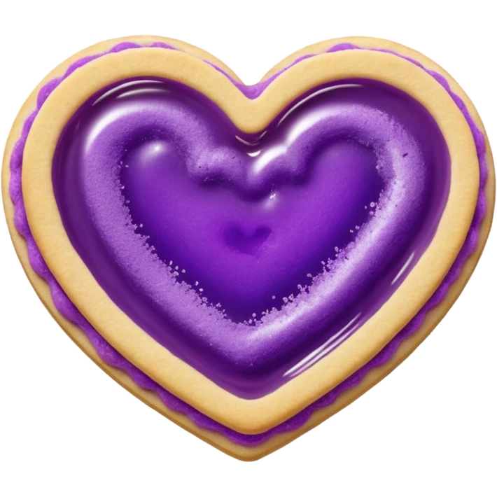 Realistic shortbread cookie in the shape of a heart with violet jelly middle filling and sprinkled powder sugar on top. emoji