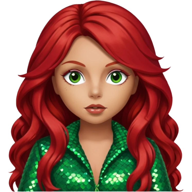 Jesy Nelson from Little Mix with long red hair, green sequin outfit emoji