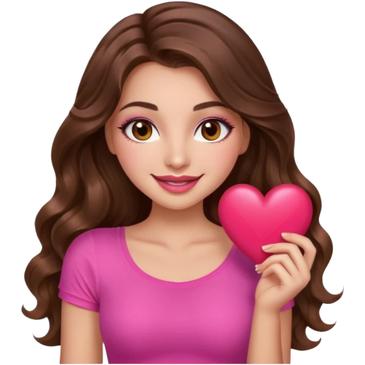 girl with long wavy brown hair, brown eyes, long lashes makeup, sexy pink lips, light to medium complexion, wearing a pink sexy top, smiling, holding a big heart emoji