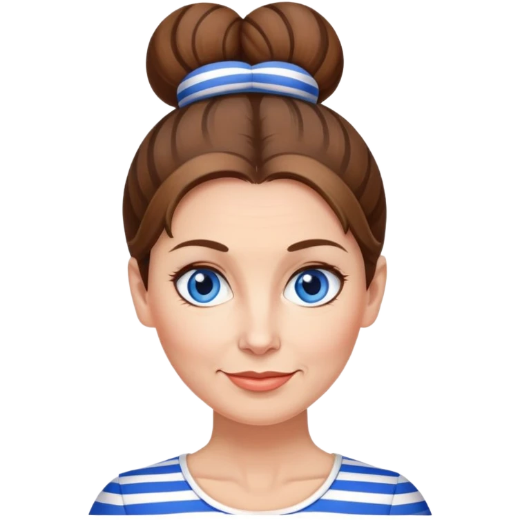 Pretty 50-year-old woman with blue and white striped miniskirt brown hair in bun blue eyes emoji