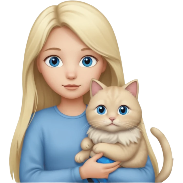 blonde girl with long blonde hair and blue eyes with chubby gray cat emoji