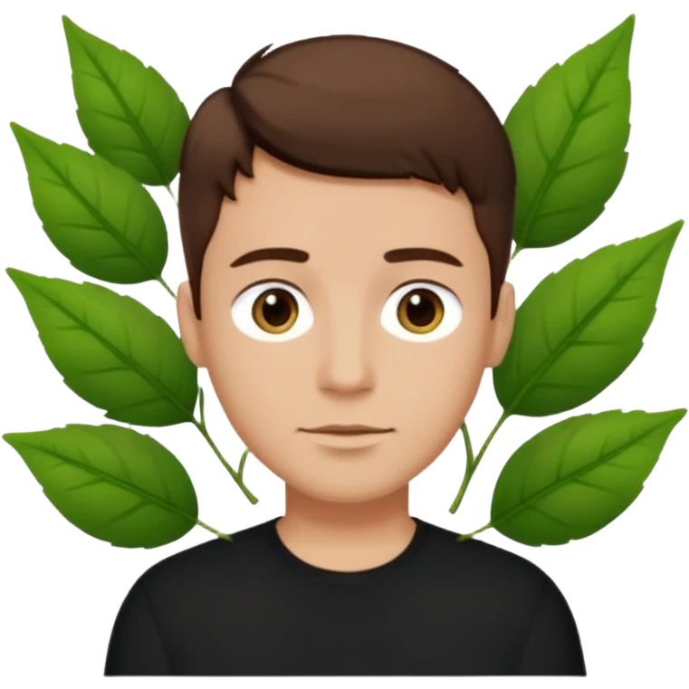 Man with very short brown hair wearing a black shirt with green leaves on emoji