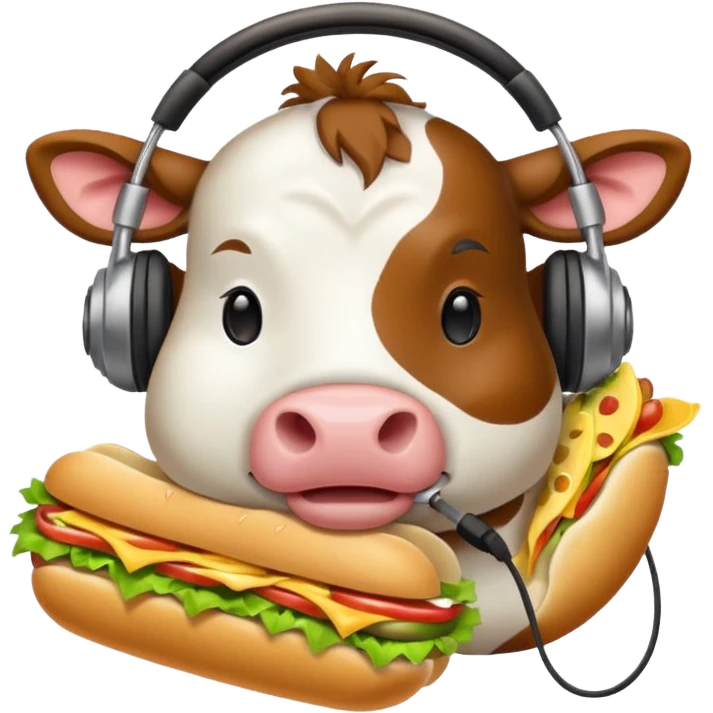 cow with headphones eating a sub sandwich, apple emoji style emoji