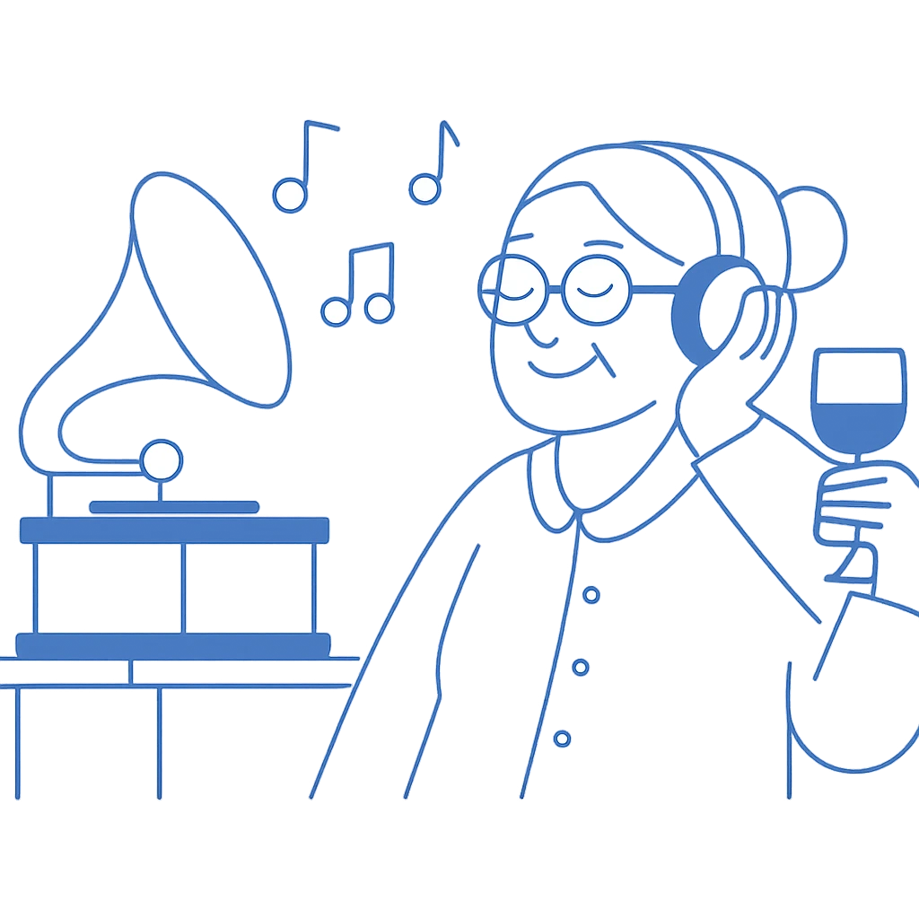 old lady with wineglass listening to gramophone emoji