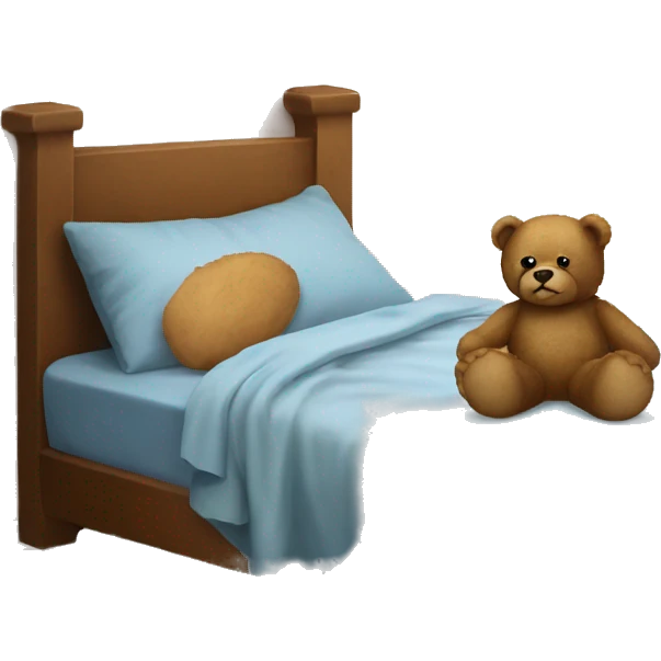 worn teddy bear next to an empty bed emoji