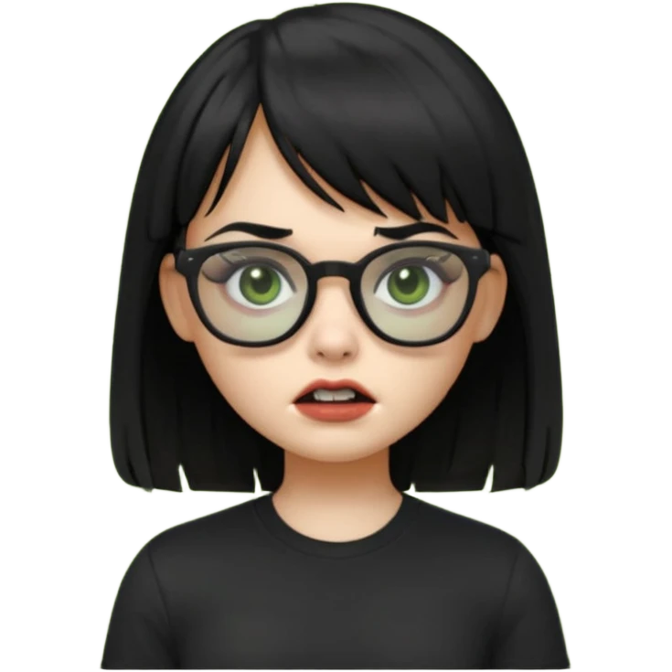 A zombie girl in Apple Memoji format with straight black hair with bangs, wearing a black shirt and black glasses emoji